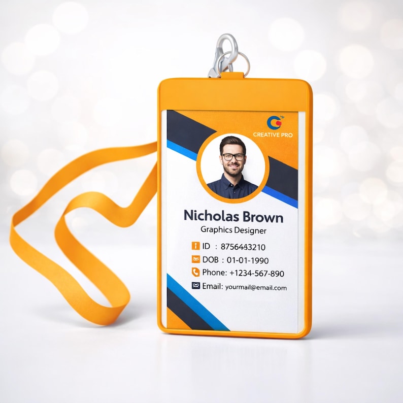 May include: A yellow plastic ID badge holder with a matching yellow lanyard and a metal clip. The badge features a circular portrait of a person, the text Creative Pro, the name Nicholas Brown, job title Graphics Designer, and ID details.
