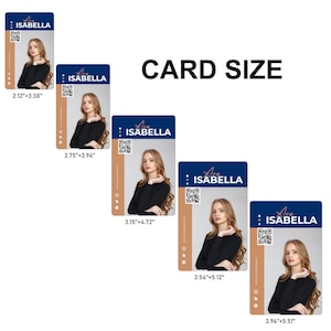 May include: Five rectangular identification cards featuring a portrait of a person with long hair wearing a black long-sleeve shirt. Each card displays the name Ava Isabella, a QR code, and social media icons. Sizes listed are 2.12x3.38, 2.75x3.94, 3.15x4.72, 3.54x5.12, and 3.94x5.51 inches.