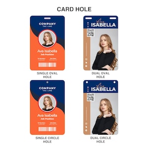 May include: Four rectangular identification cards labeled CARD HOLE, SINGLE OVAL HOLE, DUAL OVAL HOLE, SINGLE CIRCLE HOLE, and DUAL CIRCLE HOLE. The cards feature a portrait, the name Ava Isabella, job position, ID number, join date, and a barcode or QR code.