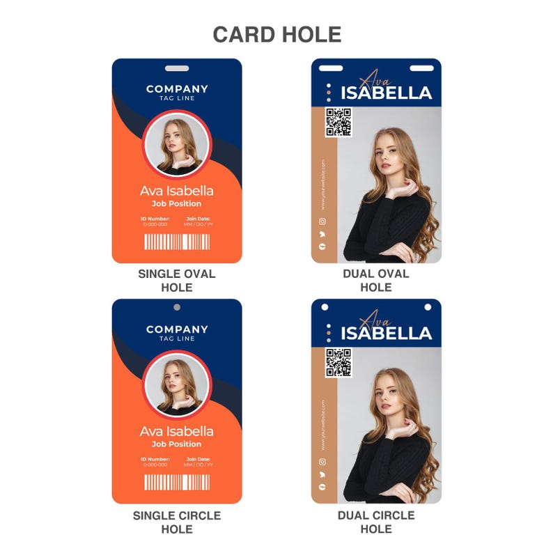 May include: Four rectangular identification cards labeled CARD HOLE, SINGLE OVAL HOLE, DUAL OVAL HOLE, SINGLE CIRCLE HOLE, and DUAL CIRCLE HOLE. The cards feature a portrait, the name Ava Isabella, job position, ID number, join date, and a barcode or QR code.