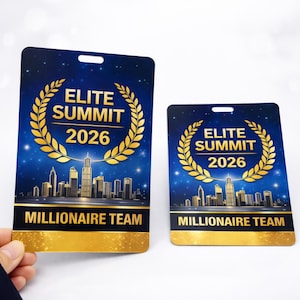 May include: Two rectangular Elite Summit 2026 badges. The badges have a blue background with a cityscape silhouette and gold accents. The text "ELITE SUMMIT 2026" is in gold, and "MILLIONAIRE TEAM" is at the bottom.