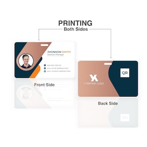 May include: A horizontal ID badge with double-sided printing. The front features a circular photo, the name JHONSON SMITH, title Assistant Manager, and contact icons. The back displays a large X company logo and a QR code square on a dark blue and copper background.
