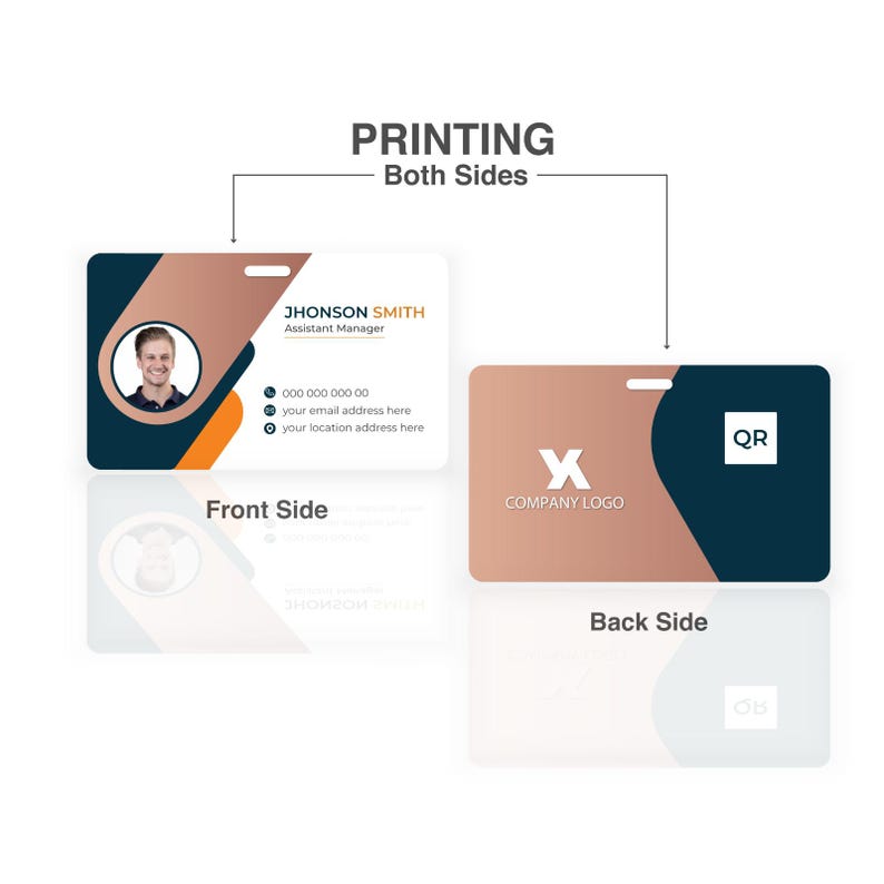 May include: A horizontal ID badge with double-sided printing. The front features a circular photo, the name JHONSON SMITH, title Assistant Manager, and contact icons. The back displays a large X company logo and a QR code square on a dark blue and copper background.