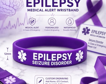 Epilepsy Medical Alert Silicone Wristband, Personalized Seizure Emergency ID Bracelet with Custom Engraving