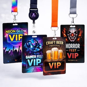 Puede incluir: Cuatro insignias VIP para eventos con cordones. Los diseños incluyen "Neon Glow" con una silueta de multitud, "Gamer Fest" con un personaje futurista, "Craft Beer Festival" con jarras de cerveza y "Horror Fest" con un payaso.