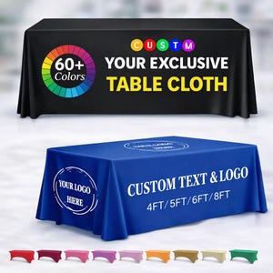 Custom Logo Tablecloth 4/6/8ft | Personalized Table Throw, Trade Show, Expo, Vendor Booth, School
