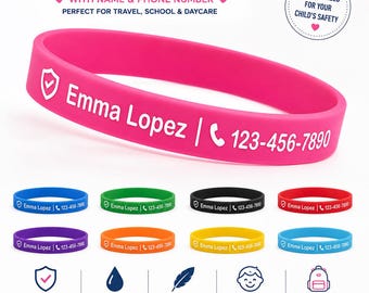 Custom Child Safety Wristband with Name and Phone Number, Personalized Silicone ID Bracelet for Travel, School and Daycare Kids