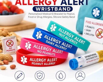 Custom Allergy Alert Wristband, Personalized Medical ID Bracelet for Peanut, Food or Drug Allergies, Silicone Safety Band