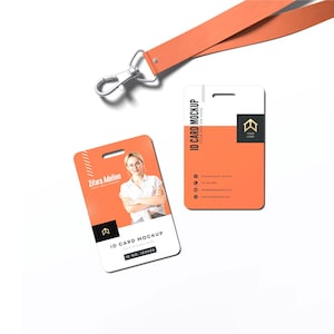 May include: Two rectangular ID cards with an orange and white color scheme, featuring a silver metal lanyard clip. One card displays a person's photo and the text ID CARD MOCKUP, while the other shows contact details and a logo icon.