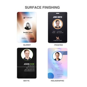 May include: Four rectangular identification cards labeled Surface Finishing, showcasing different textures: a glossy card with a gradient background, a frosted black card, a matte black card, and a holographic card with a soft blue and pink gradient.