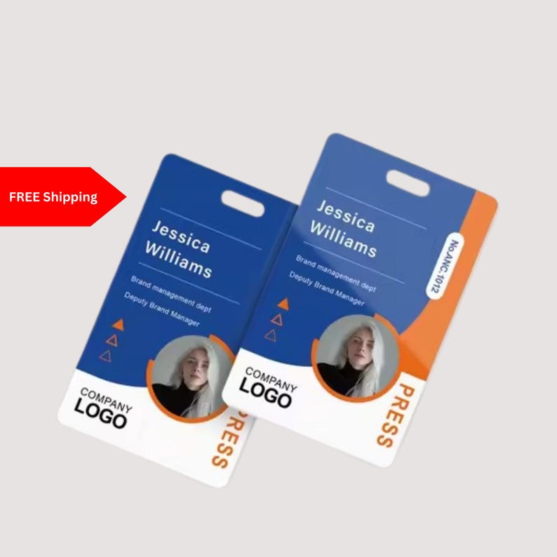 May include: Two rectangular identification badges featuring a blue and white design with orange accents. Each badge displays the name Jessica Williams, the title Deputy Brand Manager, a circular portrait, a company logo placeholder, and the word PRESS.