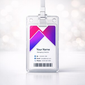 May include: A clear plastic vertical ID badge holder with a white lanyard attachment. The insert features a vibrant pink and purple geometric graphic at the top, with the text Your Name, Managing Director, ID: 012345, email, phone, and a barcode.