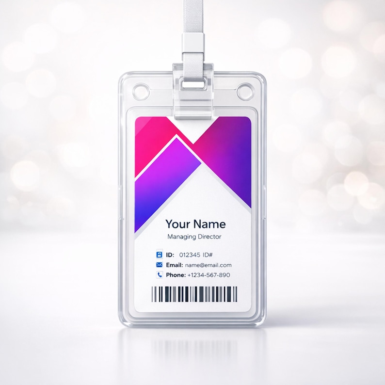 May include: A clear plastic vertical ID badge holder with a white lanyard attachment. The insert features a vibrant pink and purple geometric graphic at the top, with the text Your Name, Managing Director, ID: 012345, email, phone, and a barcode.