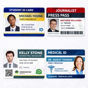 May include: Four rectangular identification cards featuring portraits and personal details. The cards include a blue Student ID for Michael Young, a red Journalist Press Pass for Matthew Williams, a green Marketing Manager ID for Kelly Stone, and a blue Medical ID for Dr. Ashley Thomas with listed allergies.