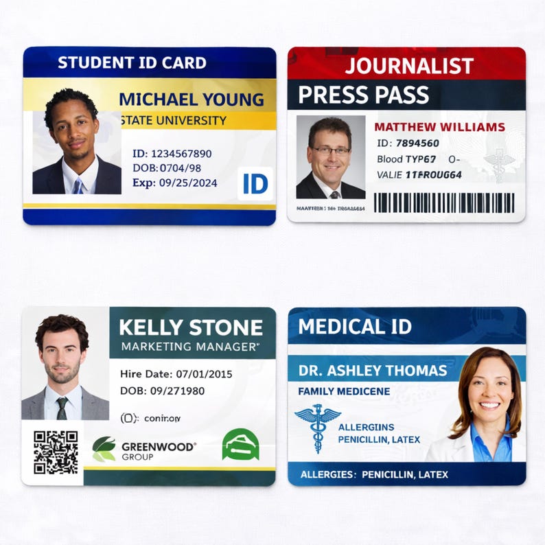 May include: Four rectangular identification cards featuring portraits and personal details. The cards include a blue Student ID for Michael Young, a red Journalist Press Pass for Matthew Williams, a green Marketing Manager ID for Kelly Stone, and a blue Medical ID for Dr. Ashley Thomas with listed allergies.