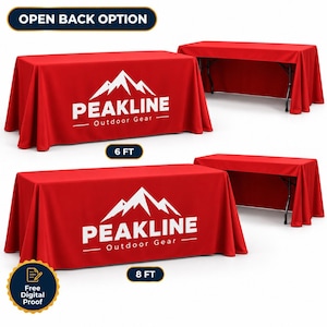 May include: Two red rectangular table covers with an open back option. The covers feature a white mountain graphic and the text PEAKLINE Outdoor Gear. One cover is labeled 6 FT and the other 8 FT. The image includes a badge with the text Free Digital Proof.