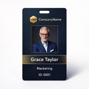 May include: A vertical rectangular identification badge with a dark blue background and gold accents. It features a gold hexagon logo, the text CompanyName, a portrait of a person in a blue suit, the name Grace Taylor, Marketing, and ID: 0001.