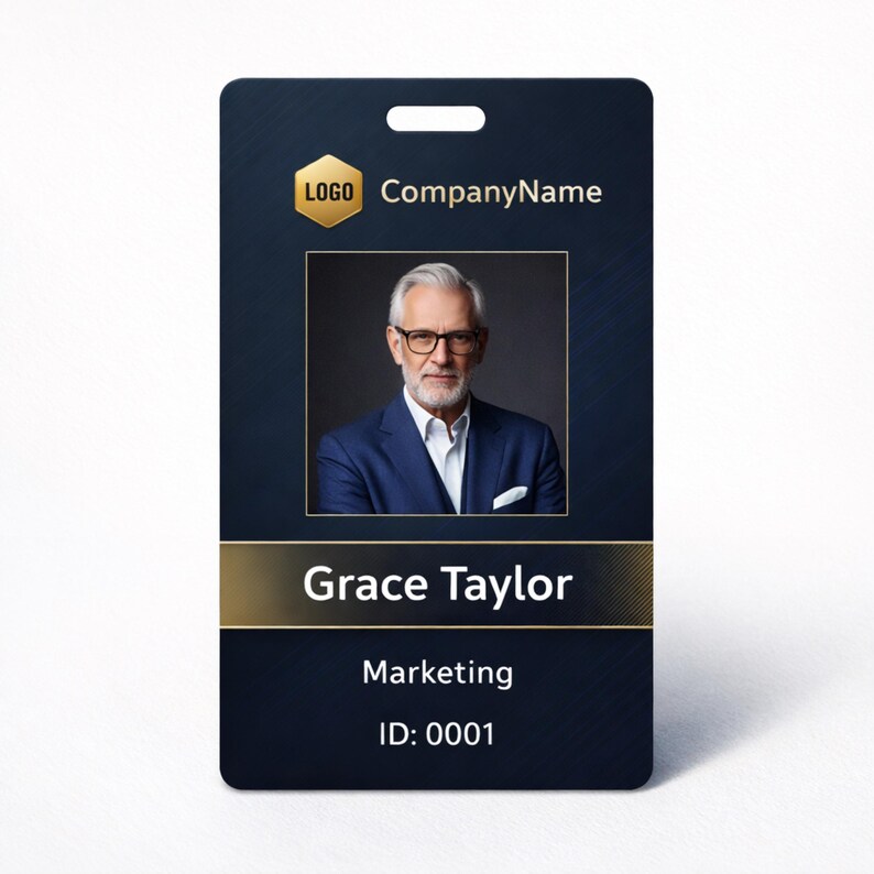 May include: A vertical rectangular identification badge with a dark blue background and gold accents. It features a gold hexagon logo, the text CompanyName, a portrait of a person in a blue suit, the name Grace Taylor, Marketing, and ID: 0001.