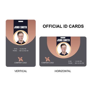 May include: Two official ID cards in vertical and horizontal orientations, featuring a dark gray and copper color scheme. Each card displays the name JONH SMITH, a circular portrait, a company logo, and placeholder ID and phone number text.