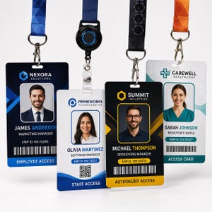 May include: Four vertical rectangular identification badges with lanyards. Each badge displays a company logo, a portrait photo, a name, a job title, an employee ID, a barcode or QR code, and access level text including Nexora Solutions, Primeworks Technologies, Summit Industries, and Carewell Healthcare.