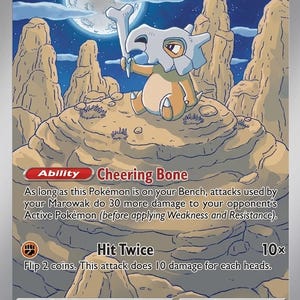 Op de afbeelding: Een Cubone Pokémon-kaart met een cartoon Cubone-personage met een bottenhelm, zittend op een rotsachtig landschap onder een volle maan. De kaart heeft tekst met "Cheering Bone" en "Hit Twice".