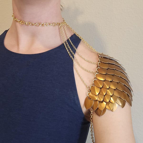 Chainmail Scalemail Shoulder Armor - Gold & Bronze Finish - Adjustable - Pauldron - Dragon