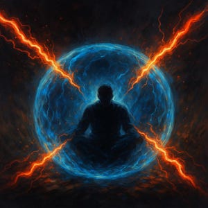 May include: Digital art depicting a silhouetted figure in a meditative pose, centered within a glowing blue orb. Bright orange lightning bolts emanate from the orb, creating a dramatic contrast against the dark background.