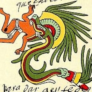 May include: A colourful illustration of a serpent-like creature consuming a human figure, with green, yellow, and red details. The artwork is reminiscent of ancient Aztec art, featuring intricate details and a vibrant colour palette. The image includes text in an unknown language.