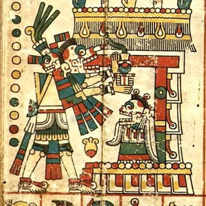 May include: An illustration from an ancient codex, featuring figures in ceremonial attire. The artwork uses a palette of red, blue, green, and yellow. The scene depicts a ritual with symbolic elements, including hands and stylized figures.