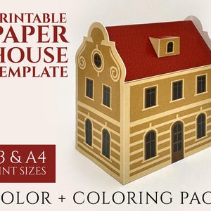 Puede incluir: Plantilla de casa de papel con tejado rojo y paredes color beige. La casa tiene varias ventanas y una puerta. El texto de la imagen dice "Printable Paper House Template" y "Color + Coloring Page". La plantilla está disponible en tamaños A3 y A4.