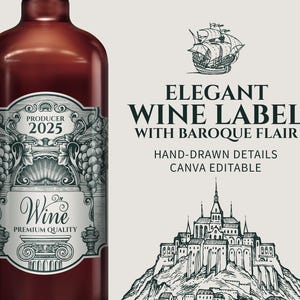 以下が含まれることがあります： 「Wine Premium Quality」と「Producer 2025」の文字が入った、装飾的なラベルが付いたワインボトル。ラベルはブドウのイラストが入ったバロック様式です。画像には「Elegant Wine Label with Baroque Flair」の文字も含まれています。