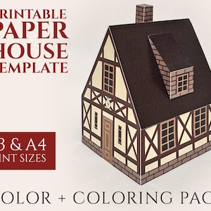 Può includere: Un modello di casa di carta con tetto marrone, pareti beige e struttura in legno marrone scuro. Il testo "PRINTABLE PAPER HOUSE TEMPLATE" è in alto, con "A3 & A4 PRINT SIZES" e "COLOR + COLORING PAGE" sotto.
