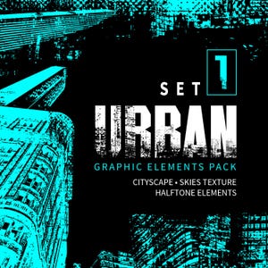 Könnte beinhalten: Schwarz-türkisfarbene Grafik mit urbanen Elementen. Der Text lautet "SET 1 URBAN GRAPHIC ELEMENTS PACK" mit dem Untertext "CITYSCAPE • SKIES TEXTURE • HALFTONE ELEMENTS". Gebäude sind in einem stilisierten, verwitterten Stil dargestellt.