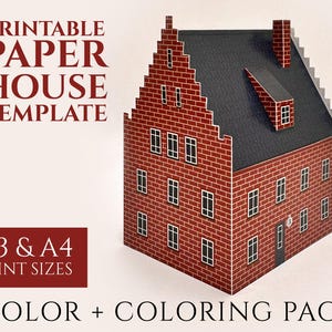 May include: A paper house template with a red brick facade, black roof, and multiple windows. The text on the image reads "Printable Paper House Template", "A3 & A4 Print Sizes", and "Color + Coloring Page".