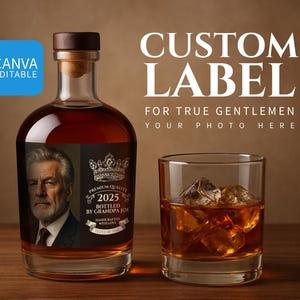 May include: A personalised bottle of liquor with a label showing a portrait and the text "2025 Bottled by Grandpa Joe." A glass of amber liquid with ice is next to it. The words "Custom Label" are displayed.