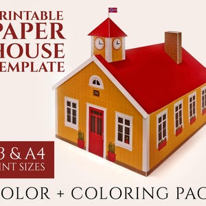 May include: A printable paper house template in yellow, red, and white. The house features a red roof, a clock tower, and a red door. The text on the image says "Printable Paper House Template" and "A3 & A4 Print Sizes".