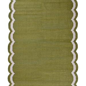 Moderne Handarbeit aus Baumwolle | 24x30cm | Baumwolle Wolle Teppich gebogt Grün Indischer Dhurrie Teppich Wendbarer handgewebter natürlich gefärbter umweltfreundlicher Teppich.