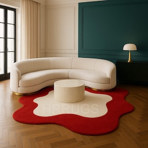 Red Irregular White, Red Border 8x10 Tufted Area Rug Luxury for Living Room, Bedroom 100% Newzealand Wool Available in By HAMZARUGSDECOR.