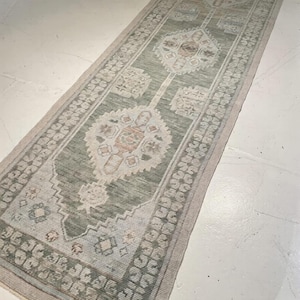 Vintage Sage Green Oushak Runner Rug, 3x12 Distressed Turkish Style Wool Rug, Neutral Hallway Runner, Extra Long Runner 2.5x22 Custom Size