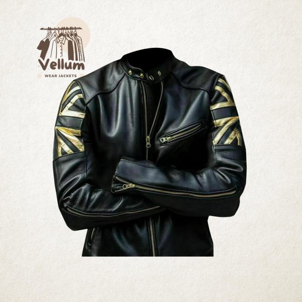 Chaqueta Cafe Racer Premium con la bandera británica: Chaqueta de cuero negra estilo motociclista vintage para hombre / Estilo bandera británica
