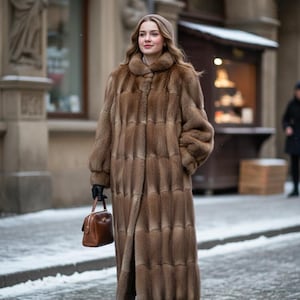 Könnte beinhalten: Eine Frau in einem langen, braunen Pelzmantel mit vertikalem Muster. Sie trägt eine braune Handtasche und schwarze Handschuhe und Stiefel. Der Mantel hat einen großen Kragen und einen Knopfverschluss. Im Hintergrund eine verschneite Straße und Gebäude.