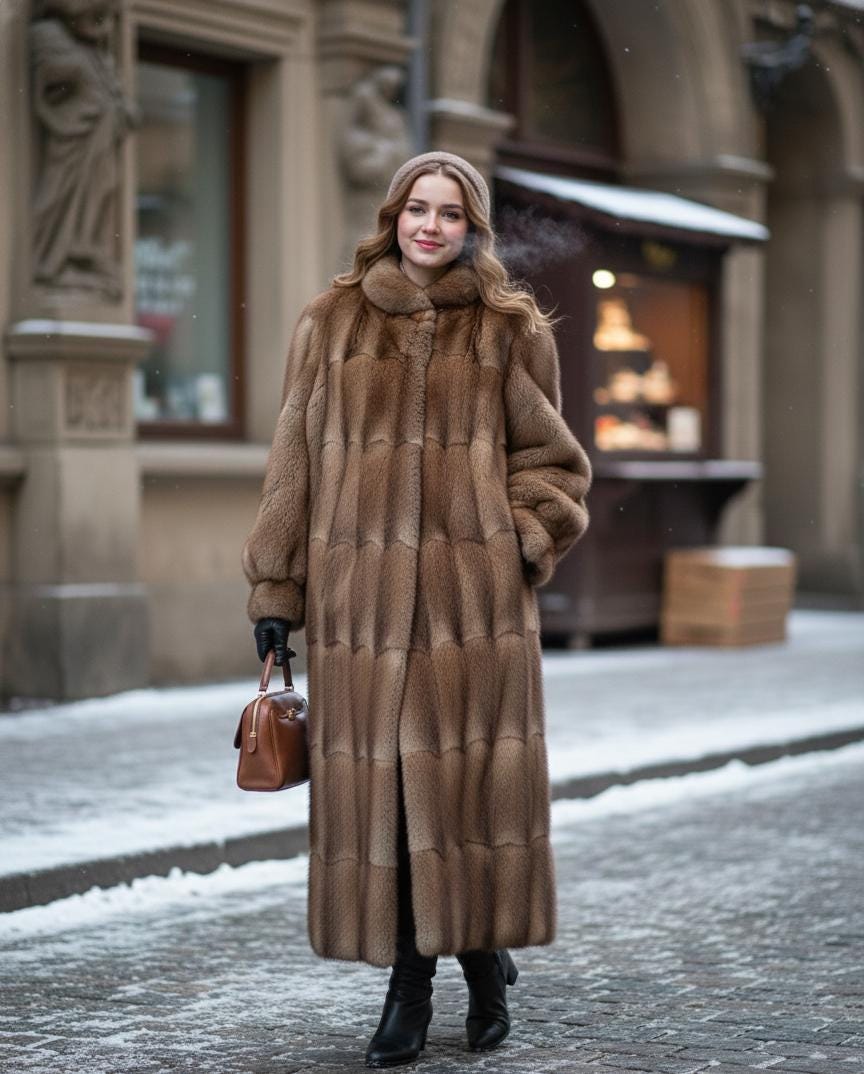 Women's Natural Muskrat Fur Long Jacket With Detachable Hood
