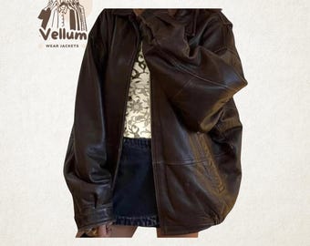 Premium 90s Women&#39;s Bomber Jacket – Vintage Y2K Oversized Handmade Brown Leather Coat | Retro Style