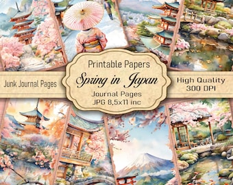 Kit per diario "Primavera in Giappone" - Pagine stampabili ad acquerello per scrapbooking e regali fai da te, download immediato