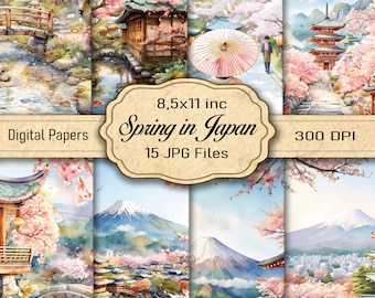 Kit stampabile Primavera in Giappone - Carta per scrapbooking e diario con acquerello, effimeri fiori di ciliegio, download immediato