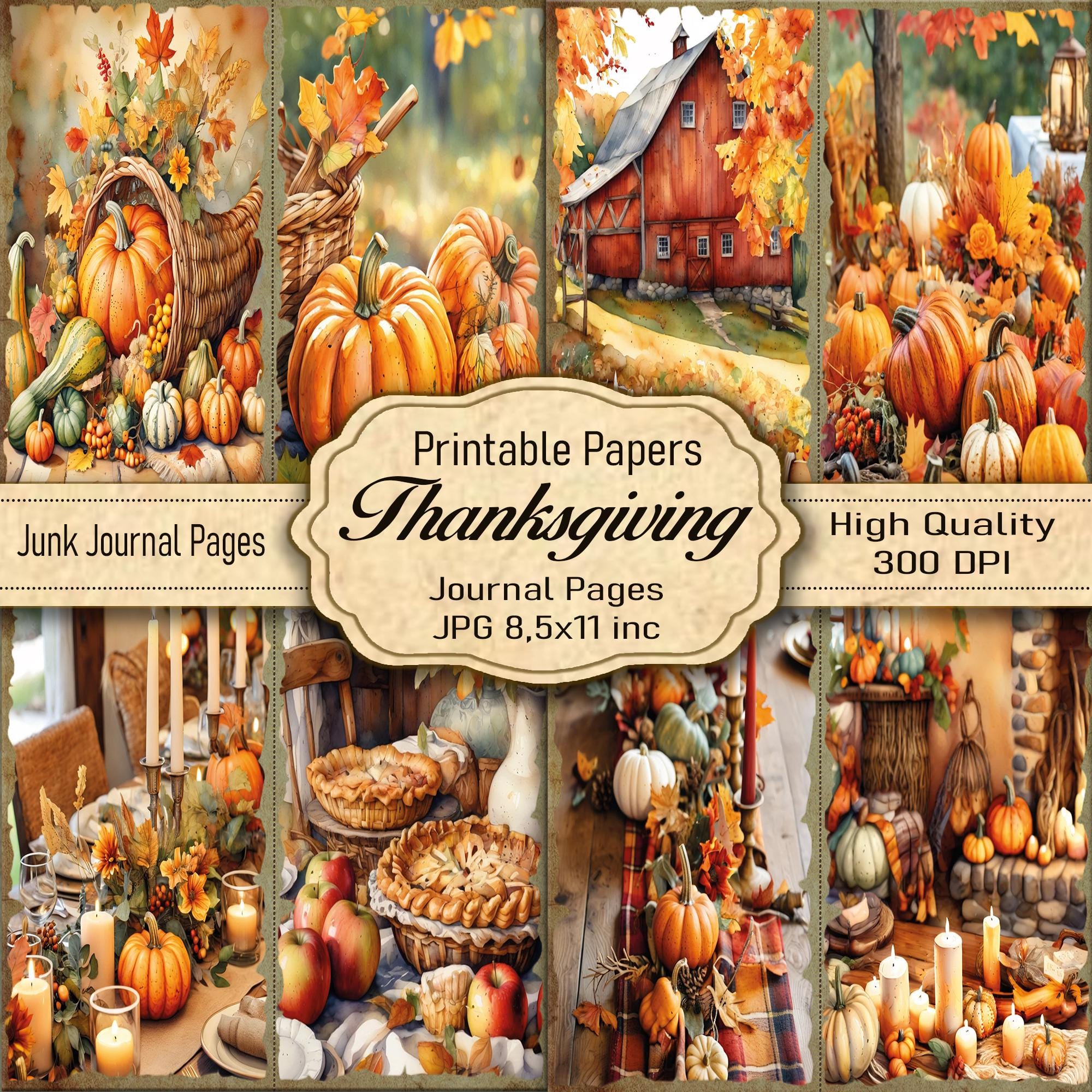 Thanksgiving Junk Journal Kit - Watercolor Printable Pages for Fall Crafts & Gratitude Journals