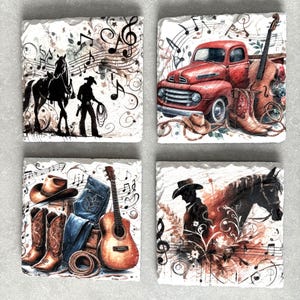 May include: Set of four square coasters with a country western theme. Designs include a red pickup truck, cowboy boots, a guitar, a horse, and musical notes. The coasters are white with a textured surface.