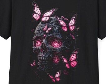 Pink Schmetterling Schädel Grafik T-Shirt | Schwarzes Gothic T-Shirt