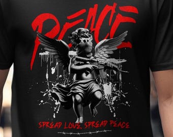 Peace Angel Graphic T-Shirt –  Street Art Cherub with Rifle