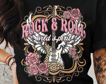 Camiseta Rock & Roll Wild Spirit - Camiseta con estampado de guitarra vintage y rosas